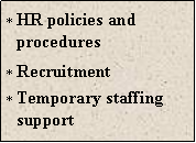 Text Box: HR policies and proceduresRecruitmentTemporary staffing support