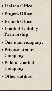 Text Box: Liaison OfficeProject OfficeBranch OfficeLimited Liability PartnershipOne man company.Private Limited CompanyPublic Limited CompanyOther entities